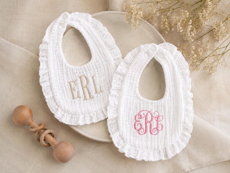 Muslin Ruffled Bibs Personalized Baby Girl Bib - Custom Embroidered Muslin Bib With Ruffle ...