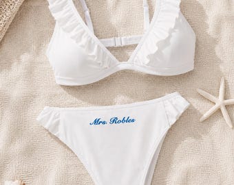 Personalized White Bridal Bikini Set, Custom Embroidered Mrs. Ruffle Swimsuit