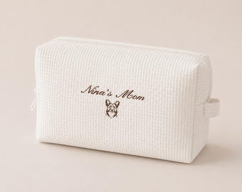 Custom Pet Mom Makeup Bag | Personalized Dog Mom Cosmetic Pouch | Embroidered Waffle Toiletry Bag | Custom Pet Portrait Gift