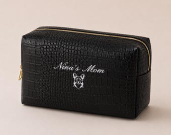 Personalized Pet Makeup Bag | Custom Dog Mom Cosmetic Bag | Vegan Leather Croc Pouch | Pet Portrait Travel Case Gift