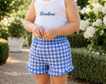 Conjunto personalizado de camiseta sin mangas y pantalones cortos con volantes para niña pequeña / Conjunto de verano con nombre personalizado