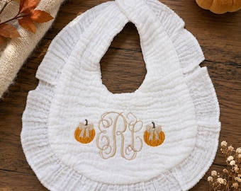 Fall Monogram Baby Bib: Embroidered Muslin, Personalized Pumkpin Fall Gift