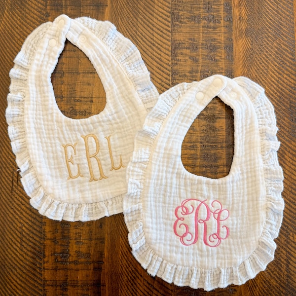 Personalized Baby Girl Bib - Custom Embroidered Muslin Bib with Ruffle Detail - Monogrammed Gift for Baby Shower, Newborn, Toddler