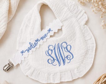 Personalized Baby Bib & Pacifier Clip Set | Monogrammed Muslin Bib with Name Pacifier Holder | Baby Shower Gift | Newborn Keepsake