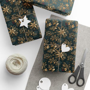 Moody Christmas Wrapping Paper Rolls | Holiday Gift Wrap | Dark Green and Gold Gift Wrap I Elegant Gift Wrap I Seasonal Wrapping Paper