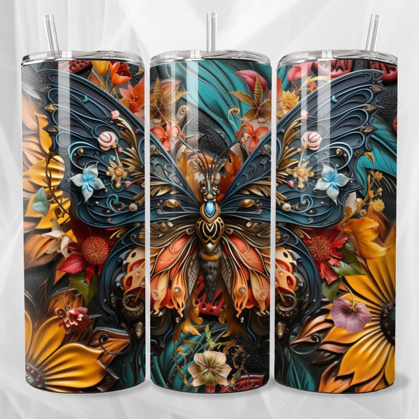 3D Butterfly 20 oz Tumbler png, Instant, digital, Elegant flowers png, tooled Sunflowers, Autumn colors, gift for her, floral butterfly png