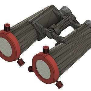 May include: A pair of black binoculars with red lens covers and adjustable knobs. The binoculars are made of metal and have a textured finish.