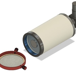 May include: A white telescope with a black and silver lens and a black and silver base. The telescope is detached from a red metal ring with three knobs.