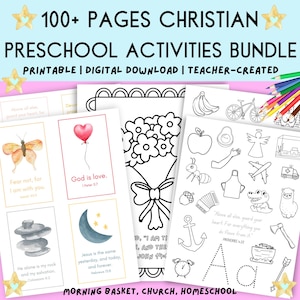 Paquete de más de 100 páginas de actividades cristianas para preescolar, tarjetas con las Sagradas Escrituras, manualidades, educación en el hogar, niños, versículos bíblicos para colorear, canasta matutina, imprimible