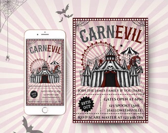 May include: A Halloween party invitation with a vintage carnival theme. The invitation features a black and white striped tent with a skull and crossbones, a Ferris wheel, and a carousel horse. The text on the invitation reads "CARNEVIL" and includes the date, time, and location of the party.