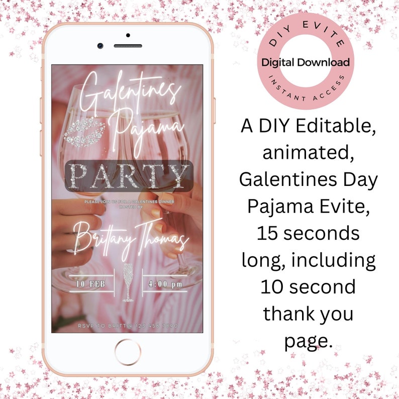 May include: A pink and white animated digital invitation for a Galentines Day Pajama Party. The invitation features a glass of wine with a glitter lip design and the text "Galentines Pajama Party". The invitation also includes the date, time, and host's name.
