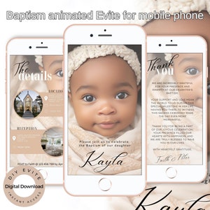 Modelo de convite de batismo Evite animado digital, cores neutras para menina ou menino, editável, eletrônico, download instantâneo, editar no Canva.