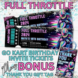 Go-Kart-Geburtstagseinladung für Mädchen, Ticket-Stil individuell gestaltet und ausdruckbar. Plus Bonus-Dankeschön-Geschenkanhänger für Gäste. Bearbeiten Sie mit Canva!