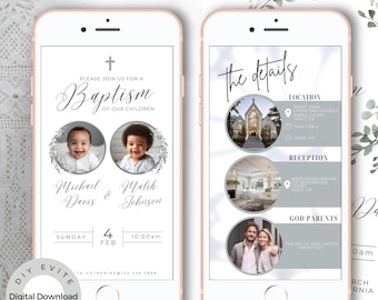 Joint Baptism Animated Evite: Soft Grey & Blue, Editable Canva Template (Digital Download)