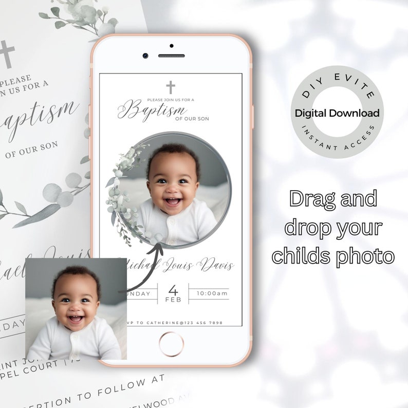 Digital Animated Evite Baptism Invitation Template, Soft Grey/blue, Boy