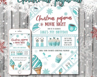 Convite de aniversário para noite de filme de pijama de Natal (download digital)