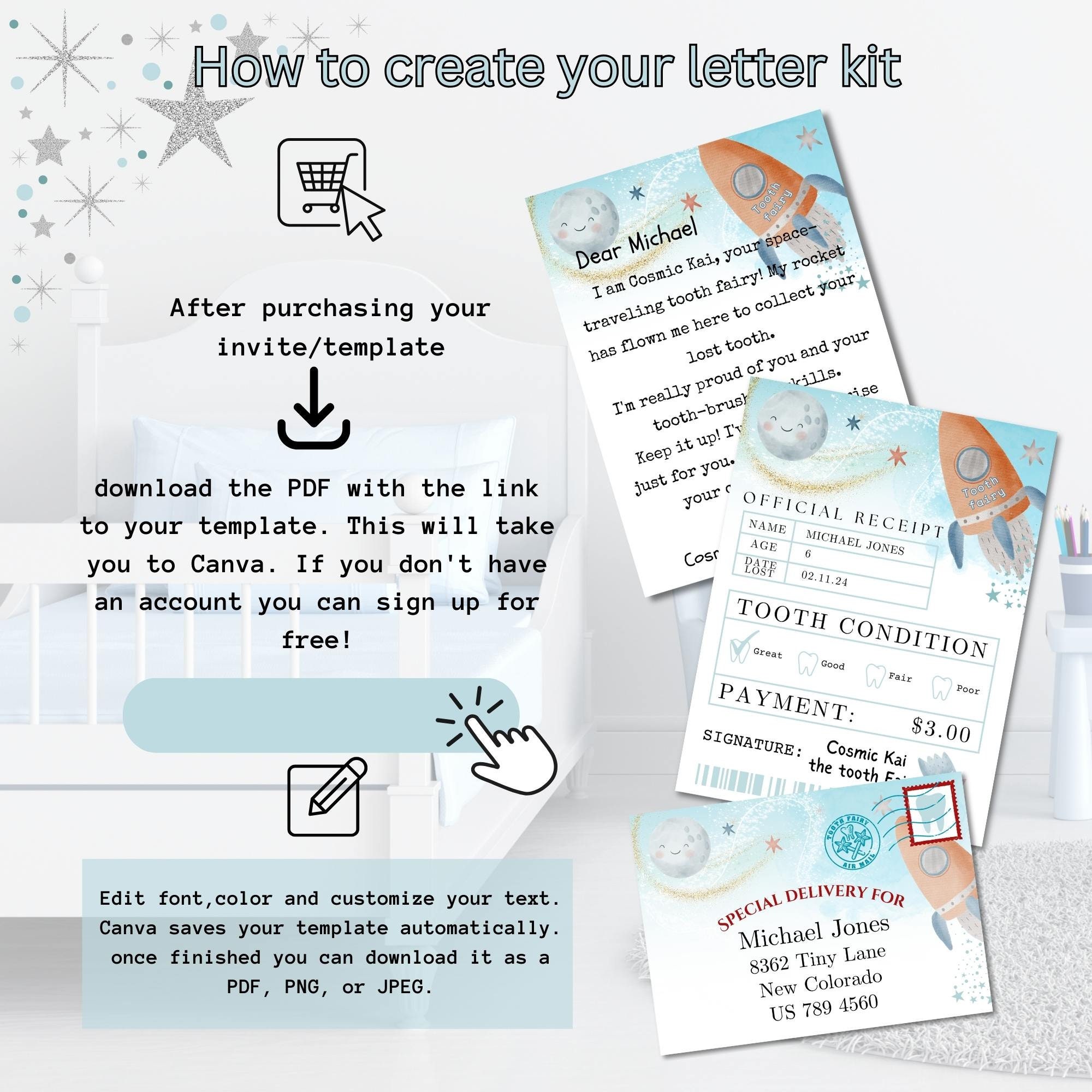 Printable Mini Tooth Fairy Letter Set, Space Theme Blue. Instant ...
