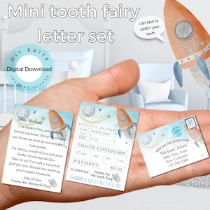 Conjunto de letras Mini Tooth Fairy imprimibles, tema espacial azul. Descarga instantánea y conjunto de hada de los dientes totalmente editable, edite con Canva.