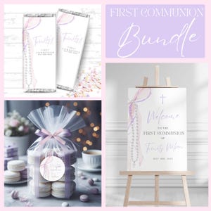 Könnte beinhalten: Dekorationen für die Erstkommunion in Lila und Weiß. Das Set beinhaltet ein Willkommens-Schild, Geschenktaschen und Schokoladentafel-Verpackungen. Das Schild zeigt eine Aquarell-Illustration eines Kreuzes, eines Bandes und einer Perlenkette. Die Geschenktaschen sind aus Tüll und haben ein rosa Band. Die Schokoladentafel-Verpackungen zeigen eine Perlenkette und den Text "Erstkommunion von Trinity".