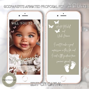 ¿Serás mis padrinos? Propuesta Evite digital para teléfono móvil. Tarjeta de propuesta del tío padrino. Para Android y iPhone 14. Editar en Canva