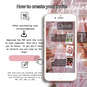 May include: A pink and white digital phone screen with instructions on how to create an invitation using Canva. The screen shows a mock-up of a Galentine's Day party invitation with the text "The Details" and "The Event".
