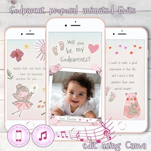 ¿Serás mis padrinos? Propuesta Evite digital para teléfono móvil.   Propuesta Madrina, Padrino Evite. Editar en Canva. pregunta a los padrinos.