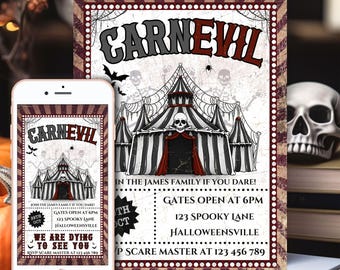 May include: A Halloween party invitation with a spooky carnival theme. The invitation features a black and white striped tent with a skull and crossbones on top. The text on the invitation reads "CARNEVIL" and includes the date, time, and location of the party.
