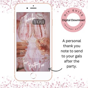 May include: A pink and white digital phone screen with a thank you message for a Galentine's Day sleepover. The message says "Thank you for joining us and being a part of our Galentine's Day sleepover celebration! Your presence added so much warmth and joy to our gathering, making it truly special."