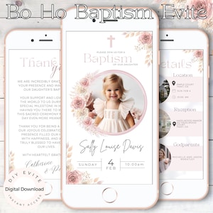 May include: A pink and gold digital invitation for a baptism. The invitation features a photo of a baby girl in a white dress, surrounded by pink flowers. The text on the invitation reads "Please join us for a Baptism of our daughter Sally Louise Davis, Sunday, February 4th, 10:00 am".