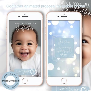 Proposta Will You Be My Godfather Evite digital para celular. Cartão de proposta do tio padrinho. Para Android e iPhone 14. Edite no Canva