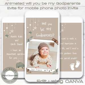 Proposta Will You Be My Godparents Evite digital para celular. Madrinha, PadrinhoProposta Evite. Edite no Canva.