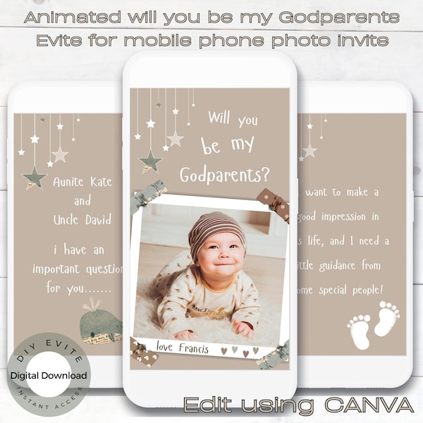 Will You Be My Godparents Proposal digital Evite for mobile phone.   Godmother, GodfatherProposal Evite. Edit on Canva.