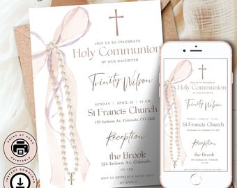 May include: Printable invitation for a Holy Communion celebration. The invitation features a watercolor illustration of a pearl necklace with a cross pendant and a pink ribbon. The text reads "Join us to celebrate Holy Communion of our daughter Trinity Wilson" and includes the date, time, and location of the event. The invitation also includes information about the reception.