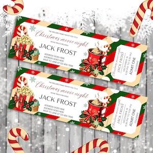 Editable Christmas movie night ticket Invitation,  movie night ticket, editable invitation for Christmas, Digital download Canva template.