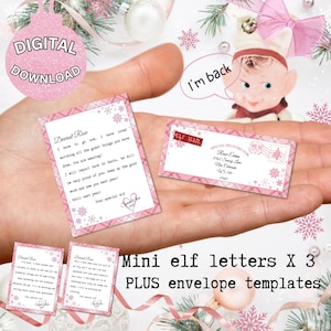 Mini cartas y sobre de elfo editables. carta de llegada de mini elfo imprimible y carta de despedida. Niña elfa rosa, plantilla de Canva imprimible DIY