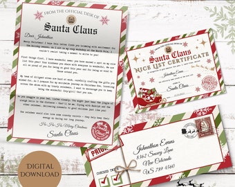 Instant Download Editable letter from Santa, Nice List Certificate and matching envelope, Printable Template Santa Letter, Canva template