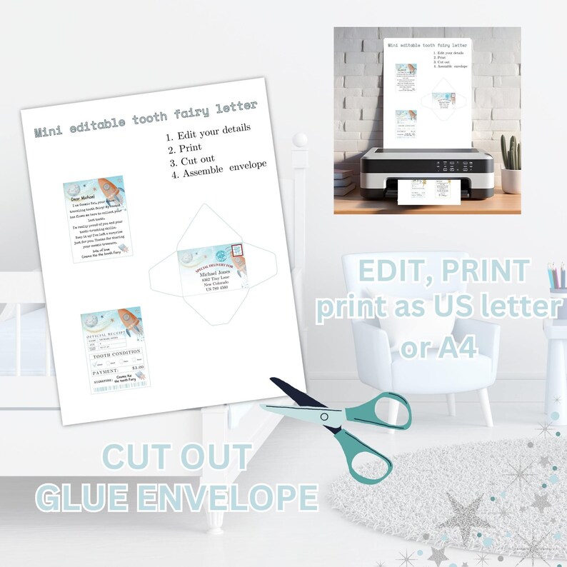 Printable Mini Tooth Fairy Letter Set, Space Theme Blue. Instant ...