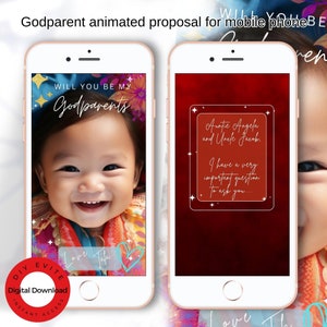 ¿Serás mis padrinos? Propuesta Evite digital para teléfono móvil. Tarjeta de propuesta de madrina. Para Android y iPhone 14. Editar en Canva