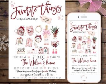 May include: A pink and red Christmas party invitation with the text "Favorite Things Christmas Party" and details about the party, including the date, time, and location. The invitation features a variety of festive illustrations, including gifts, ornaments, and a bottle of wine.