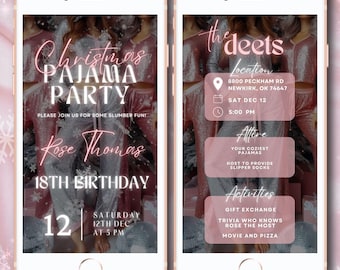 May include: A pink and white digital invitation for a Christmas Pajama Party. The invitation features a photo of three people wearing pajamas and a pink background with snowflakes. The text on the invitation reads "Christmas Pajama Party", "Please join us for some slumber fun", "Rose Thomas", "18th Birthday", "Saturday 12th Dec at 5 PM", "The Deets", "Location", "8800 Peckham Rd Newkirk, OK 74647", "Sat Dec 12", "5:00 PM", "Attire", "Your Coziest Pajamas", "Host to Provide Slipper Socks", "Activities", "Gift Exchange", "Trivia Who Knows Rose the Most", "Movie and Pizza".