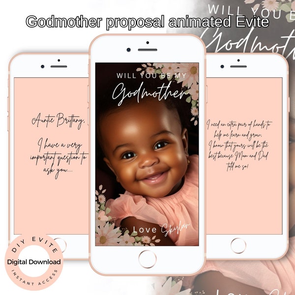 Will You Be My Godmother Proposal digital Evite for mobile phone.  Auntie Godmother Proposal Card. For Android and iPhone 14. Edit on Canva