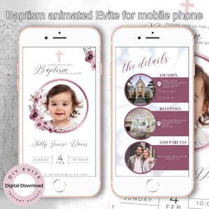 Modello di invito al battesimo Evite animato digitale, fiori rosa, battesimo di una bambina, modificabile, elettronico, download immediato, modifica su Canva.