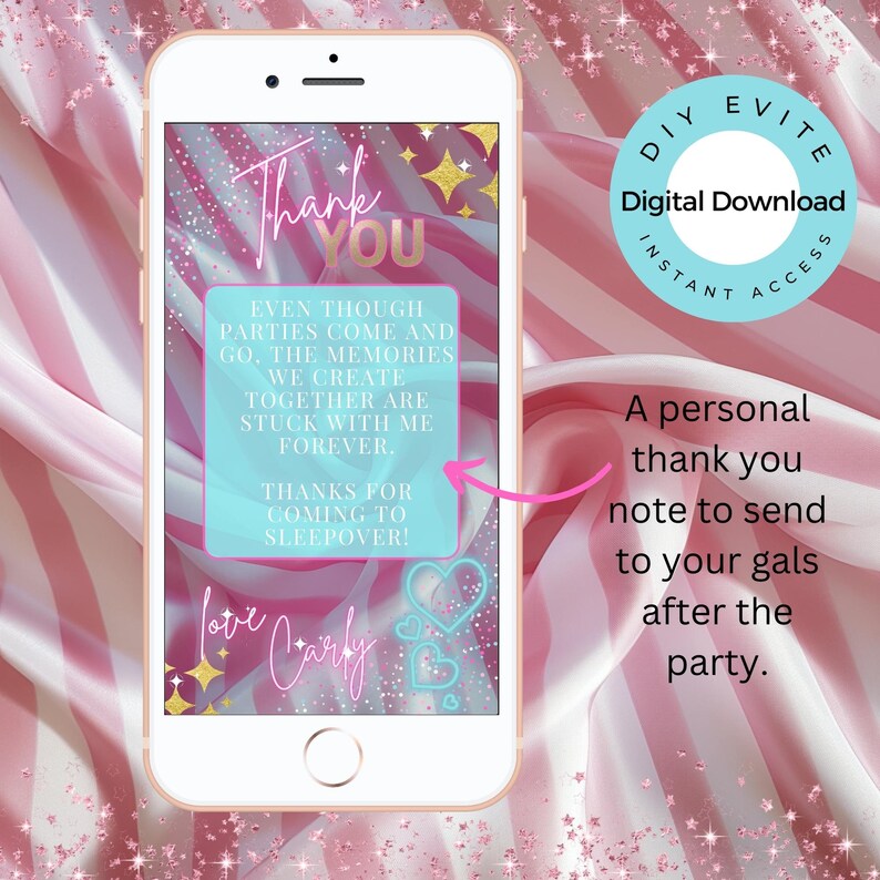 Puede incluir: Una nota digital de agradecimiento para una fiesta de pijamas. La nota es rosa y azul con brillo y estrellas. El texto dice "Gracias" y "Aunque las fiestas van y vienen, los recuerdos que creamos juntos se quedan conmigo para siempre. Gracias por venir a la pijamada! Con cari&ntilde;o, Carly".