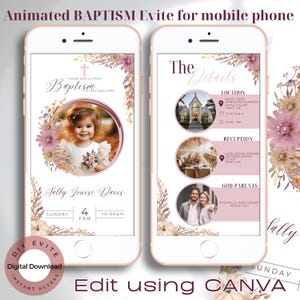 Modello di invito al battesimo Evite animato digitale, fiori autunnali, battesimo di una bambina, modificabile, elettronico, download immediato, modifica su Canva.