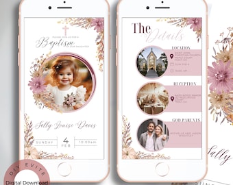 Peut inclure: Une invitation numérique pour un baptême avec un design floral. L'invitation présente une photo d'une jeune fille, le texte "Baptême", ainsi que la date et l'heure de l'événement. L'invitation comprend également des informations sur le lieu, la réception et les parrains.