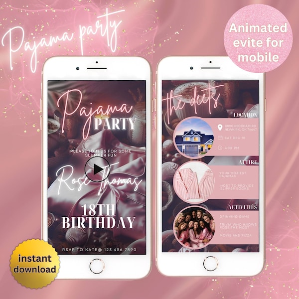 Editable Adult Pajama Party Invite, animated video invite mobile, Night in Invitation, instant download, slumber party pajama, edit on Canva