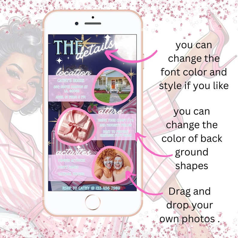 May include: A smartphone screen displays a party invitation with the text "THE details" and event information. The design includes a house photo, pajama set, and two women with face masks. The invitation is surrounded by a pink and white striped border.