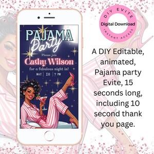 May include: A digital invitation on a smartphone screen for a pajama party. The design features a woman in pink and white striped pajamas holding a cocktail. Text includes "Pajama Party" and "Cathy Wilson". Additional text: "DIY Evite, Digital Download, Instant Access."