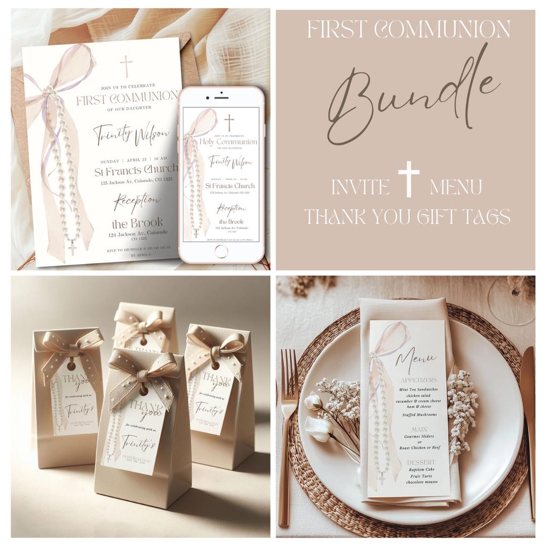 First Communion Invitation Bundle, Editable Canva Templates, 5x7 Invite ...