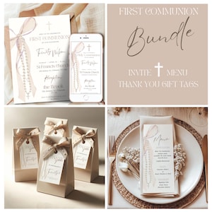May include: A First Communion bundle with invitations, menu, and thank you gift tags. The invitation and menu feature a cross and rosary design. The gift tags are attached to small gift bags with ribbon.